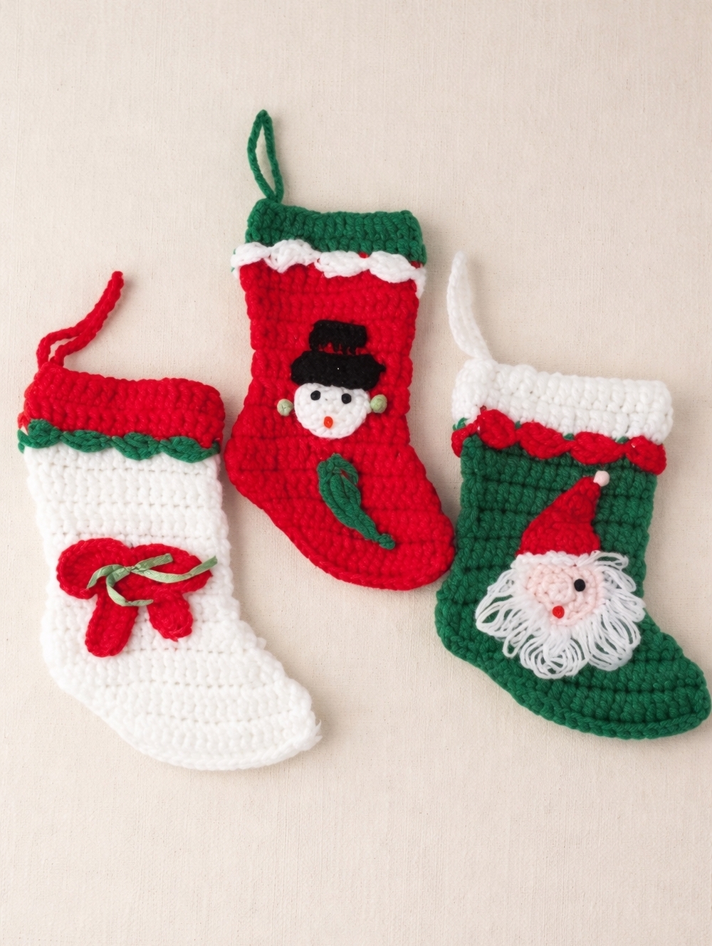 Handmade Crochet Vintage Christmas Stockings Trio Green Red White Small